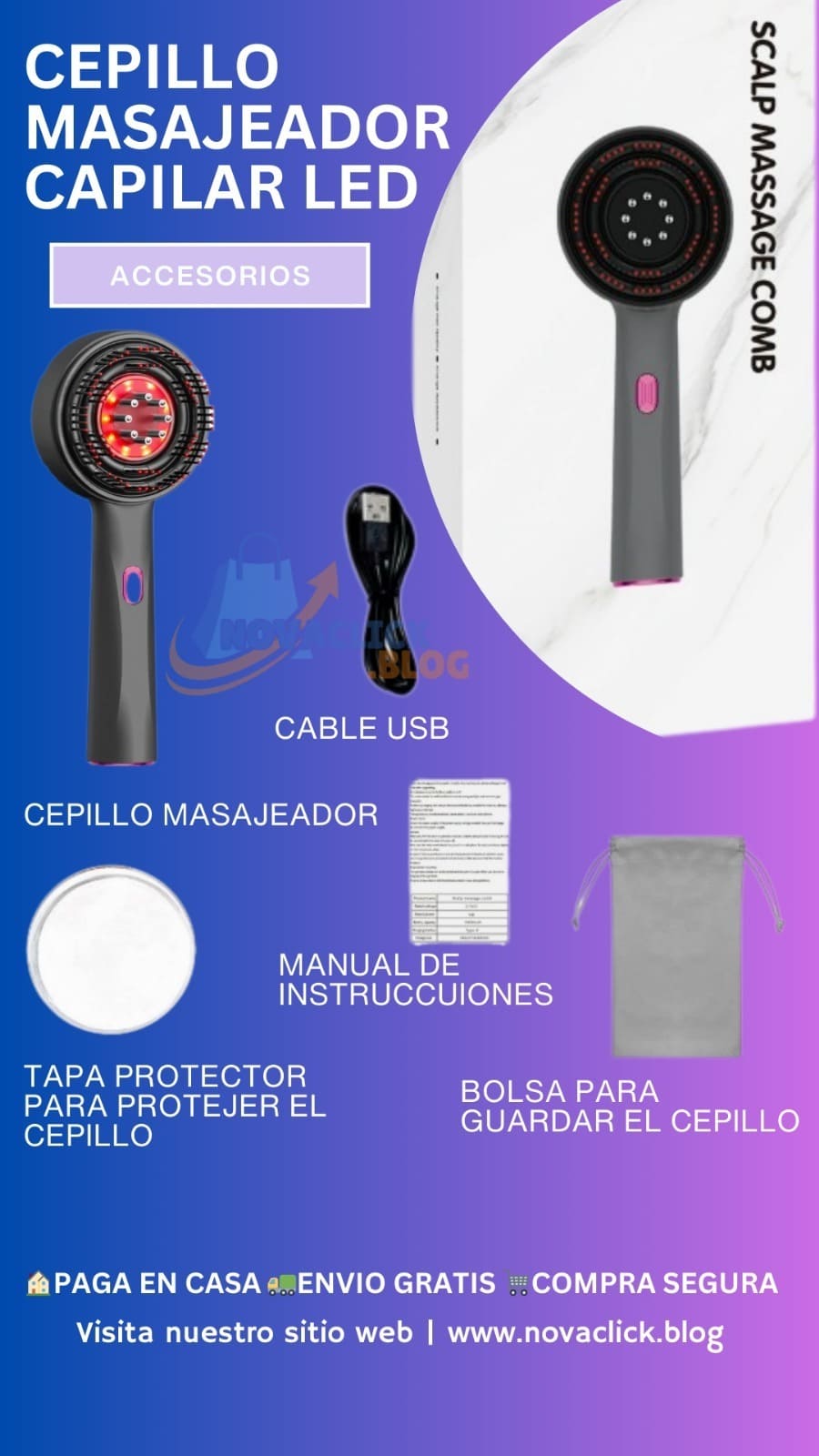 Cepillo Masajeador Capilar Con Luz LED